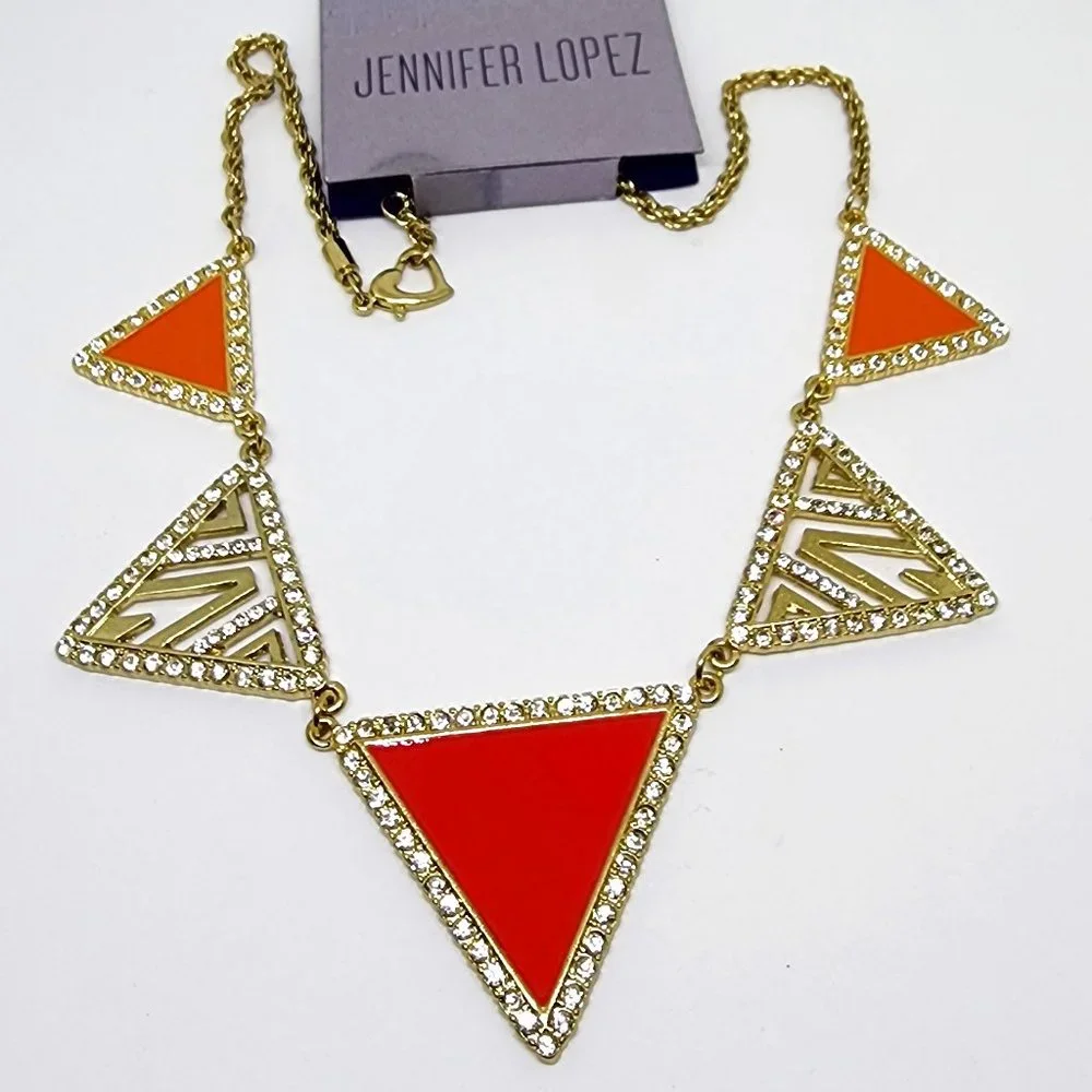 Geometric Retro Pink Orange Gold Triangles Rhinestone Accent Necklace